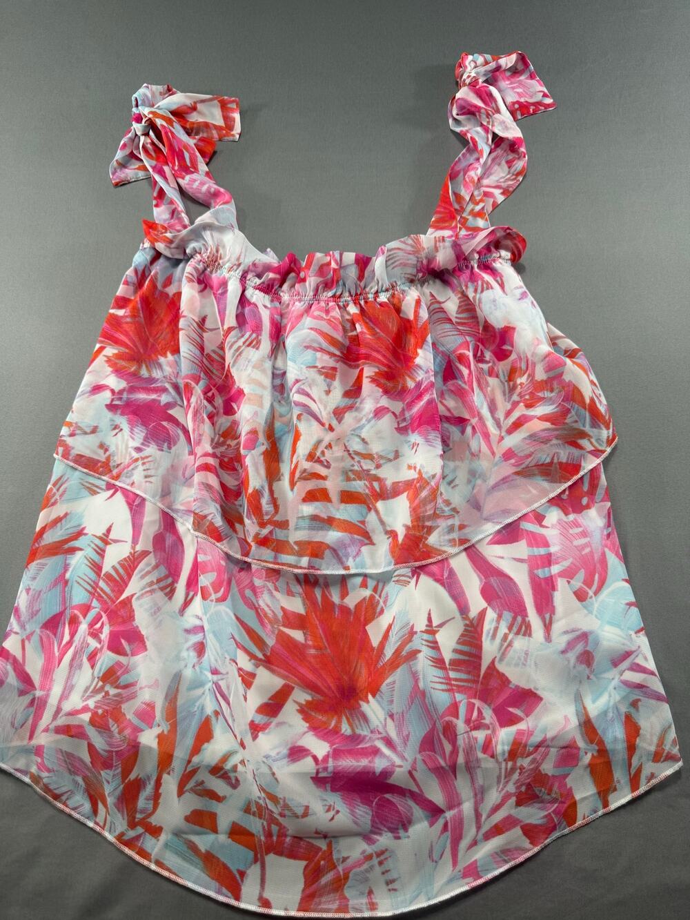 Pink Lily Womens Tropical Palm Print Tie Shoulder Tank Top Flowy Ruffle Size S